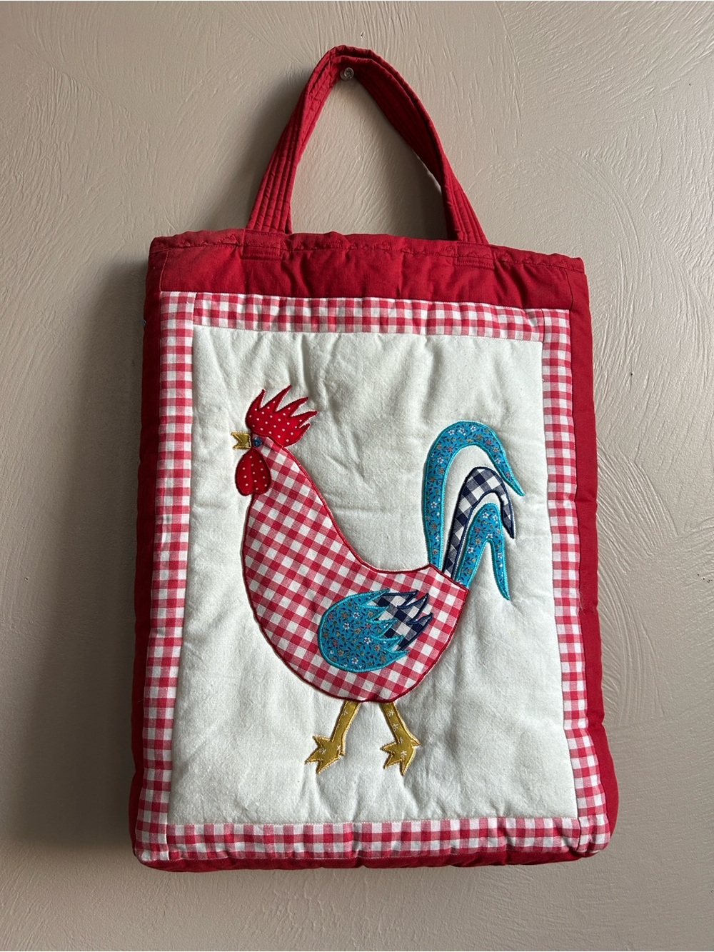 Vintage 90’s  Linen+Cotton. Handmade Red Gingham Rooster Quilted Tote Bag.